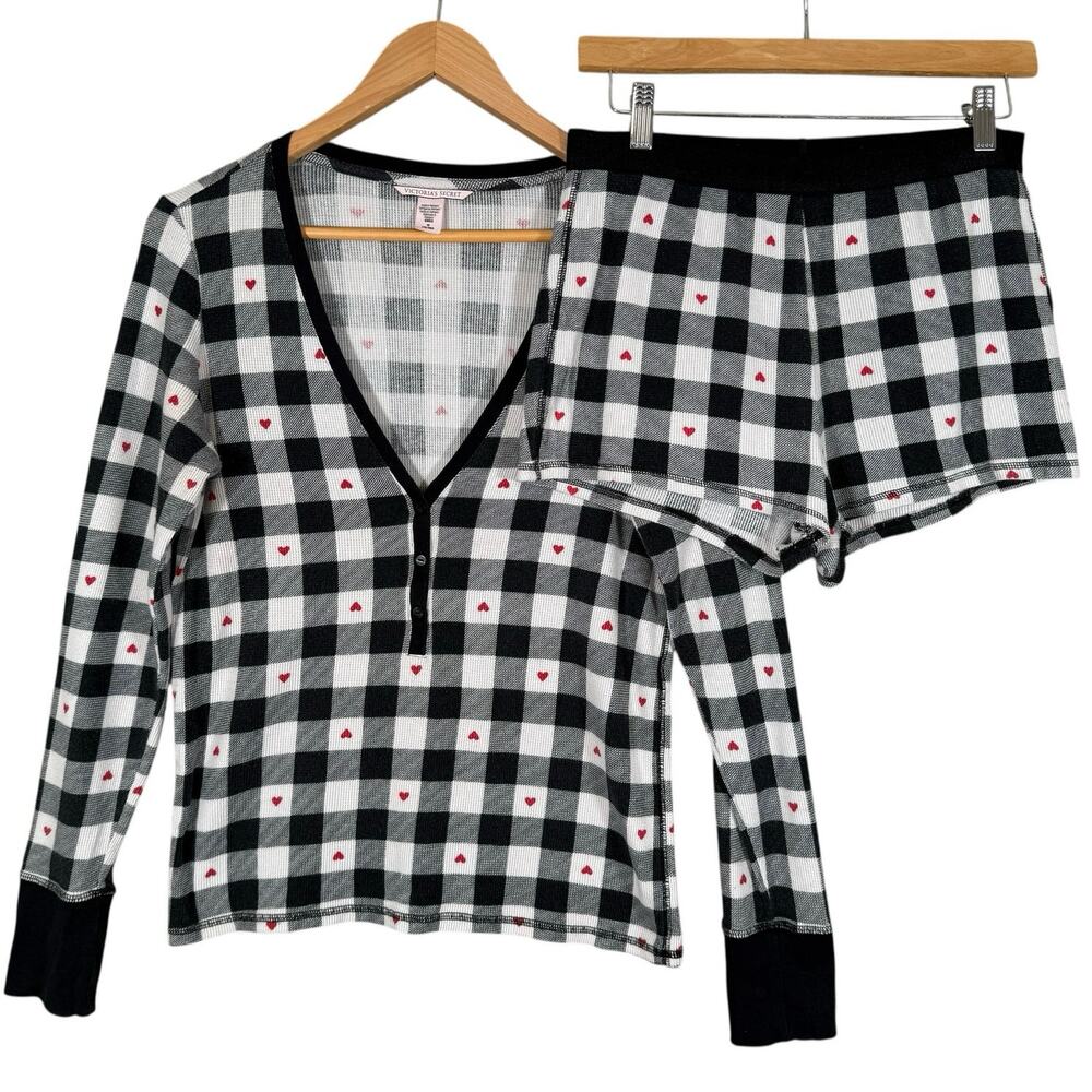 Victoria’s Secret Cotton Thermal Plaid Heart Pajama Set Black White Medium